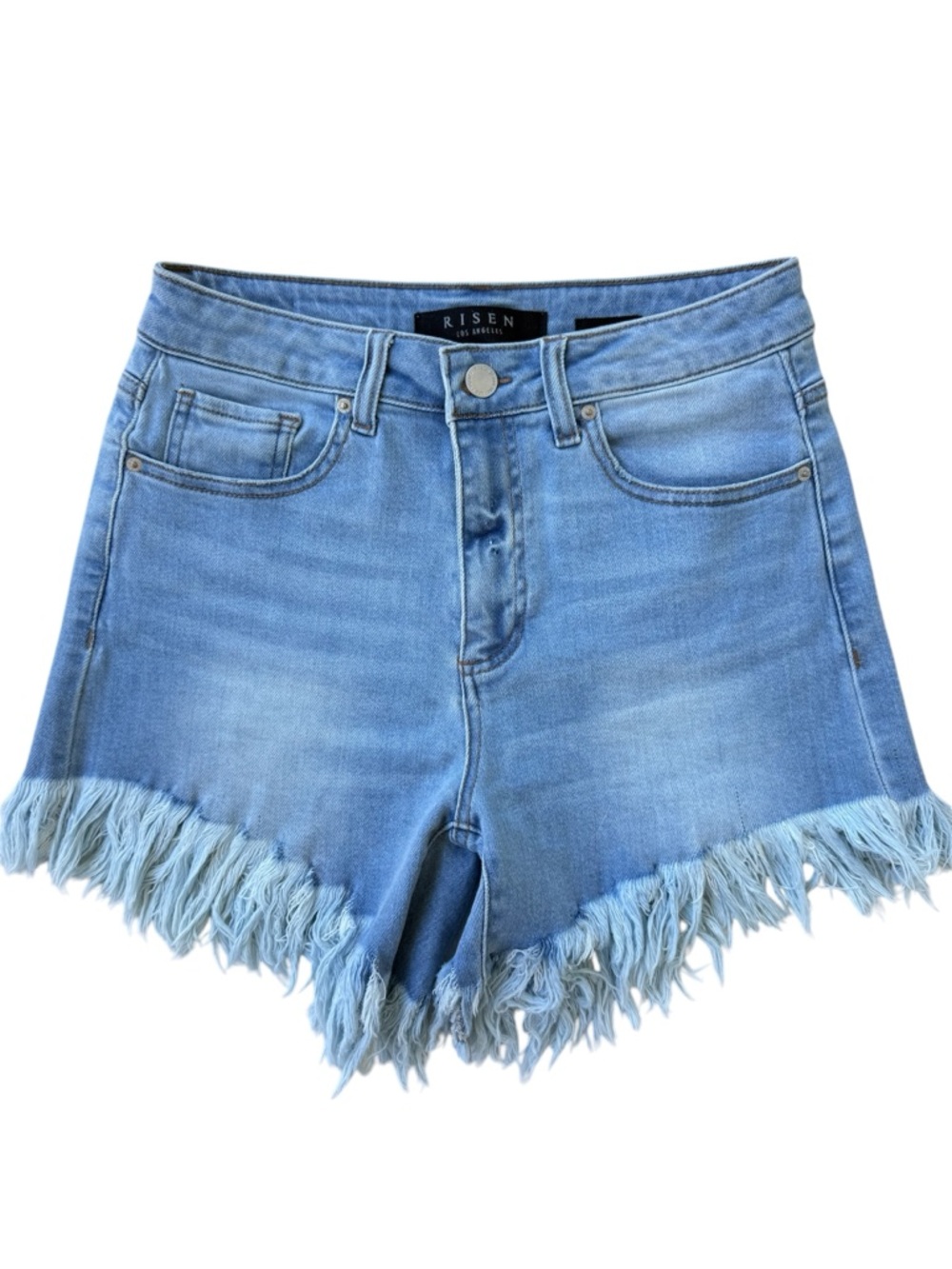 RISEN HIGH WAIST FRAYED JEAN CUTOFF SHORTS IN LIGHT WASH